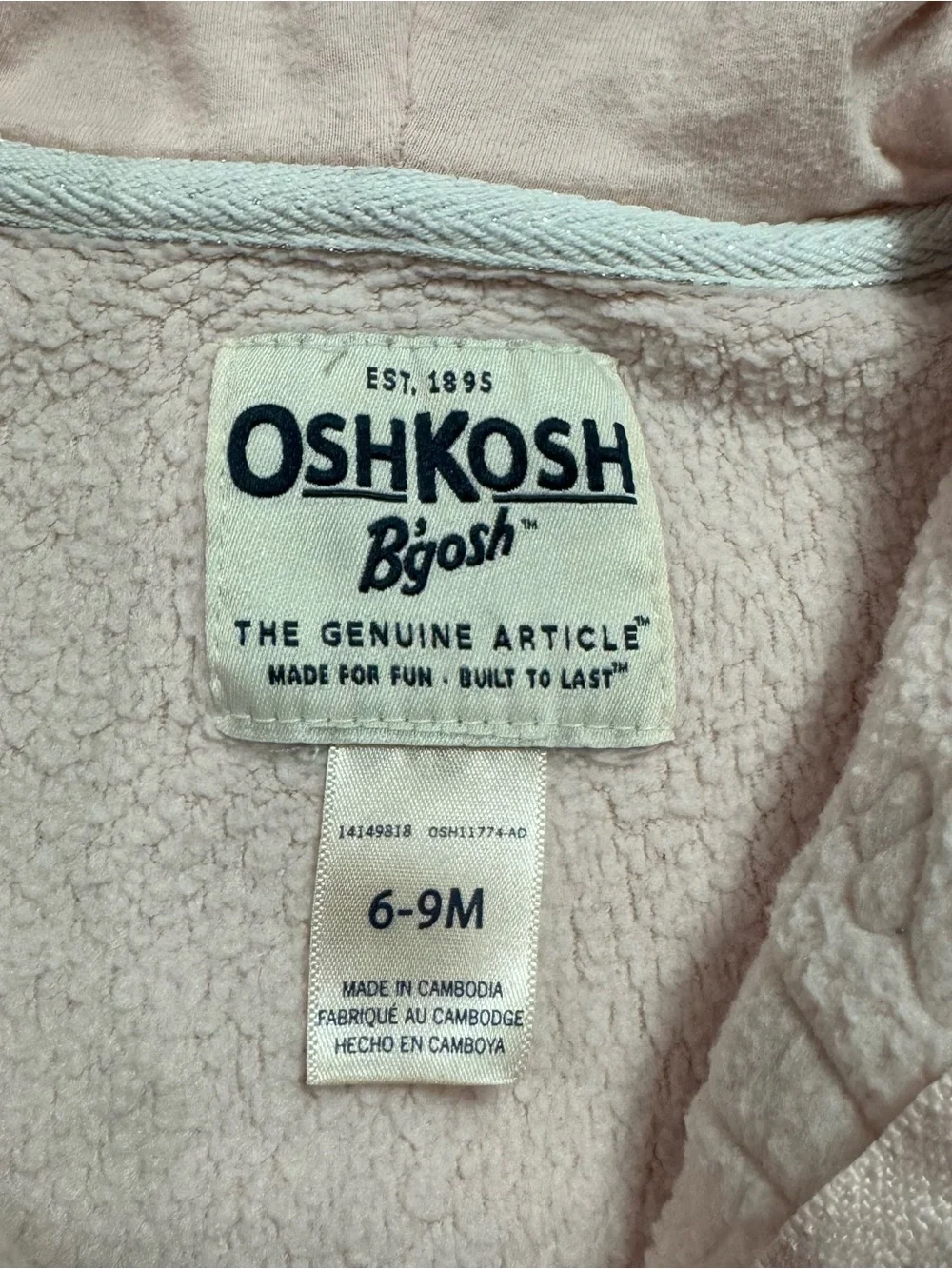 OshKosh B'gosh Baby Girl Sherpa Lined Pink Zip Hoodie Pocket Logo 6-9 Months